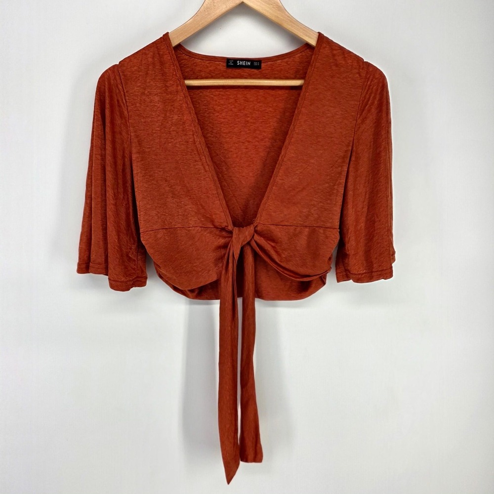 SHEIN Tie Front Crop Top Womens Medium Rust Orange V-Neck Short Sleeve Boho